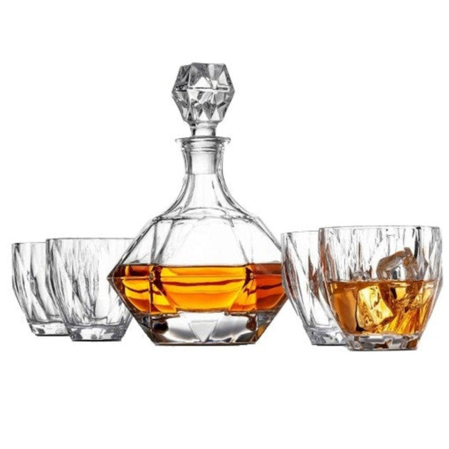 Premium Glass Decanter Set - Diamond Design with 4 Glasses & Marble Stones