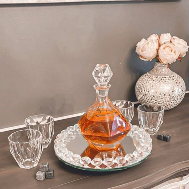 Premium Glass Decanter Set - Diamond Design with 4 Glasses & Marble Stones