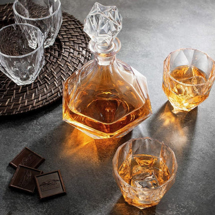 Premium Glass Decanter Set - Diamond Design with 4 Glasses & Marble Stones