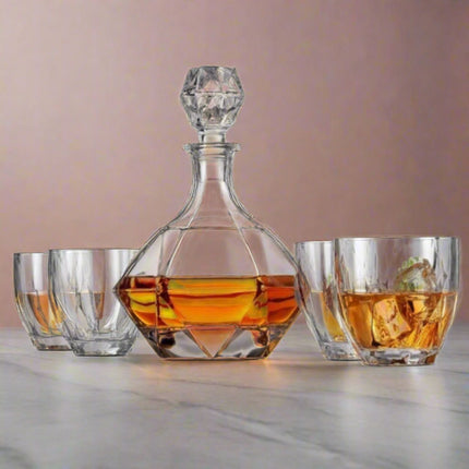 Premium Glass Decanter Set - Diamond Design with 4 Glasses & Marble Stones