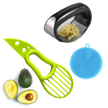 3-Piece Kitchen Essentials Tool Set - Avocado Slicer, Garlic Press & Veggie Scrubber