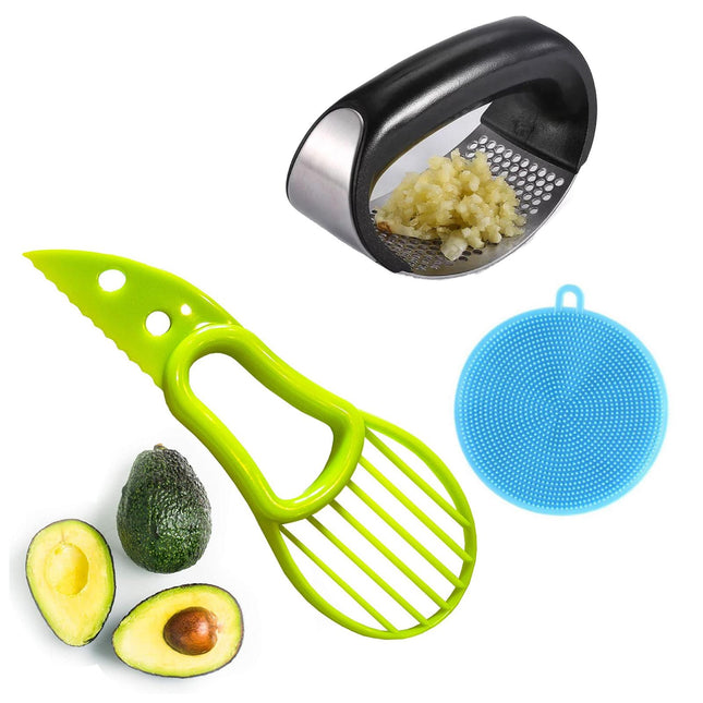 3-Piece Kitchen Essentials Tool Set - Avocado Slicer, Garlic Press & Veggie Scrubber