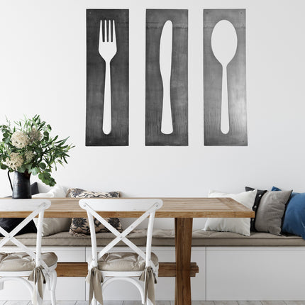Fork Knife Spoon Metal Wall Art - Modern Kitchen Decor Panel Set