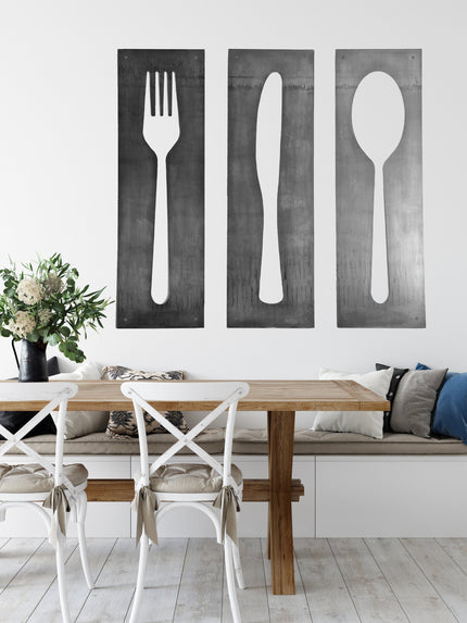 Fork Knife Spoon Metal Wall Art - Modern Kitchen Decor Panel Set